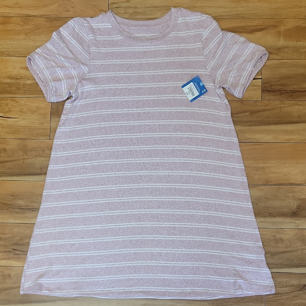 Arizona Size LARGE Juniors Short Sleeve StretchyPink White Stripe Midi Dress NEW
